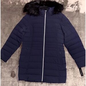 Nuage Women's Long Quilted Puffer Coat Faux Fur Hood Navy Blue NWT